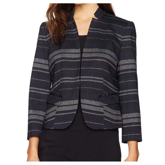 Nine West Womens Striped Ponte Kiss Front Jacket - Picture 1 of 2